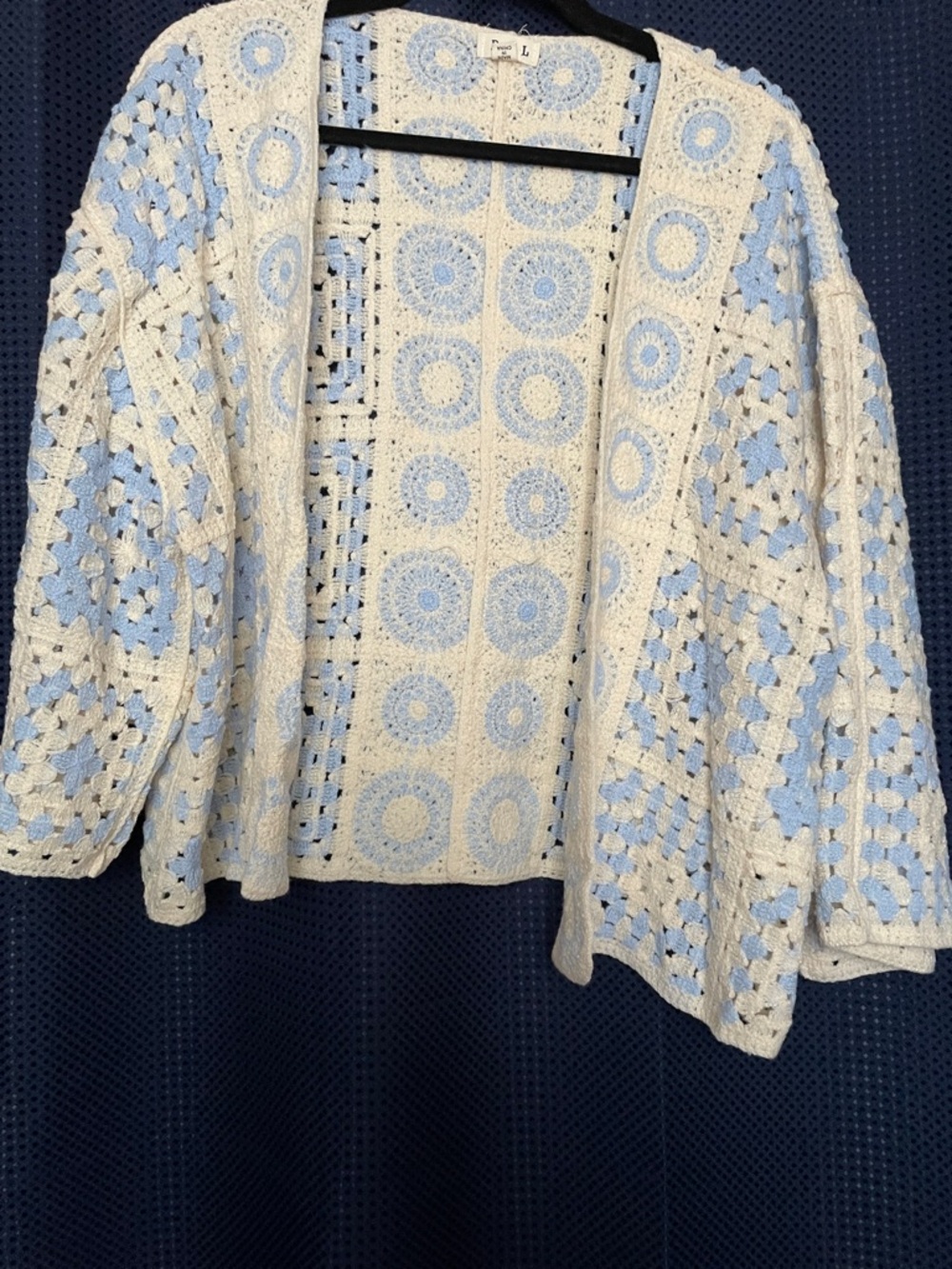 POL Crochet Open-Front Cardigan in Cream and Light Blue